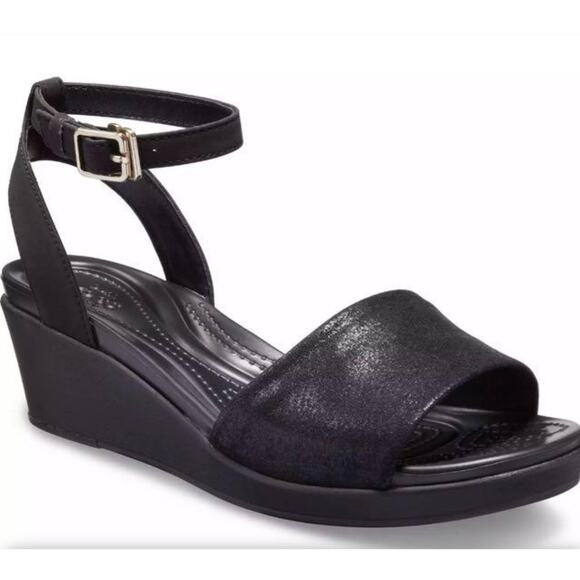 New Crocs Womens Leigh Ann Ankle Strap Wedge Blk Leather Sandal Size 8 - Picture 1 of 11